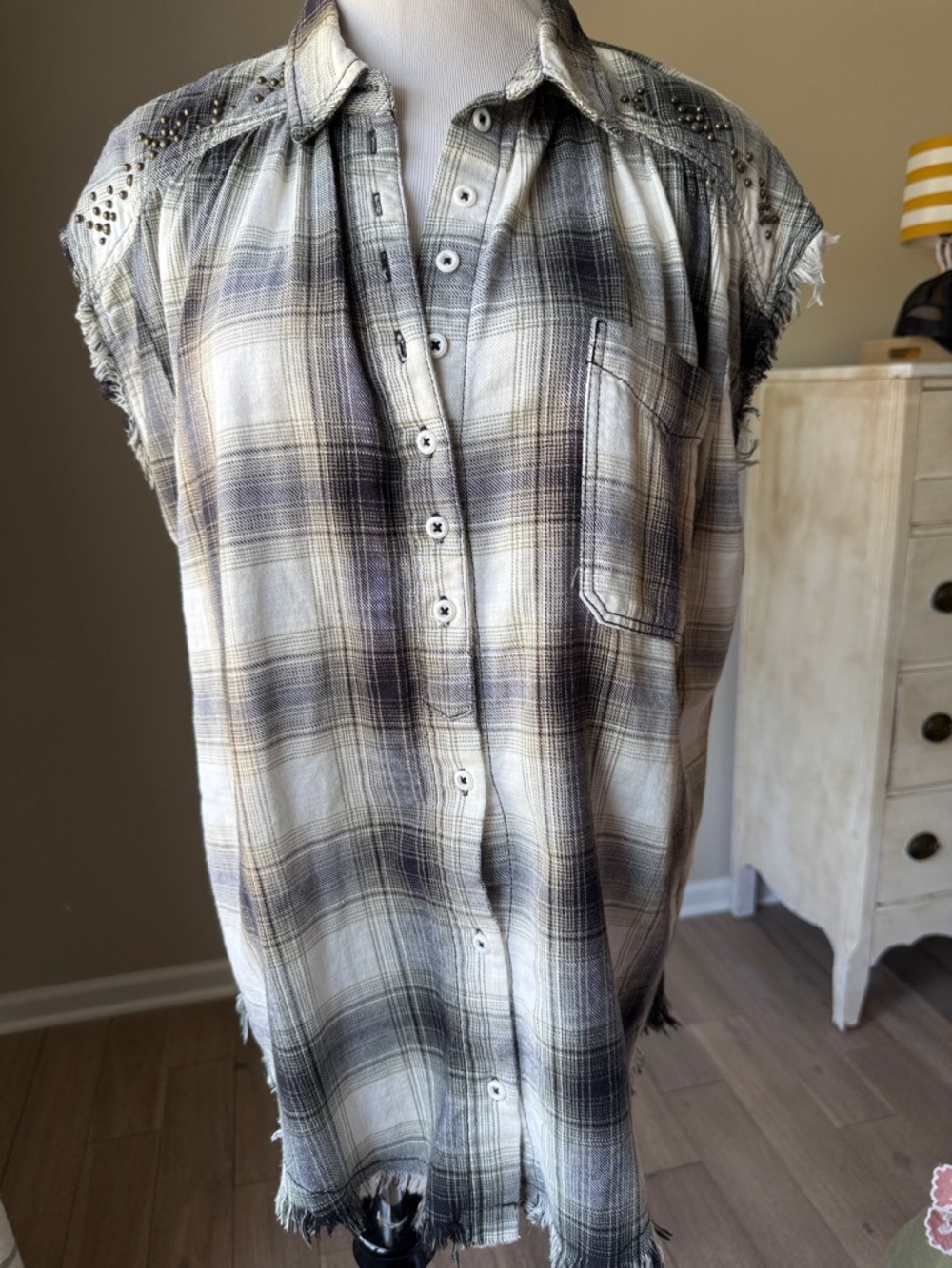 Free People Oversized Plaid Fringed Riveted Button Down Top